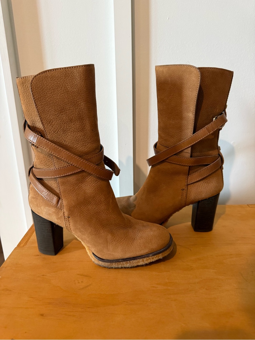 Tory Burch “Jaime” Women's Tan Heeled Leather Mid-Calf Boots